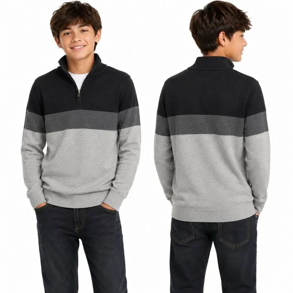 Gap Boys Quarter Zip Colorblock Sweater Medium Gray Black